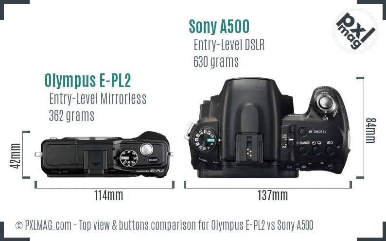 Olympus E-PL2 vs Sony A500 top view buttons comparison