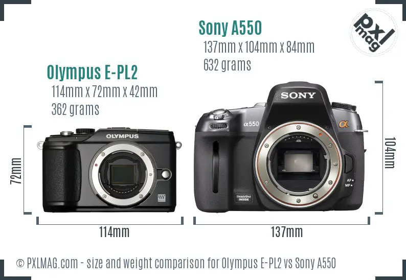 Olympus E-PL2 vs Sony A550 size comparison