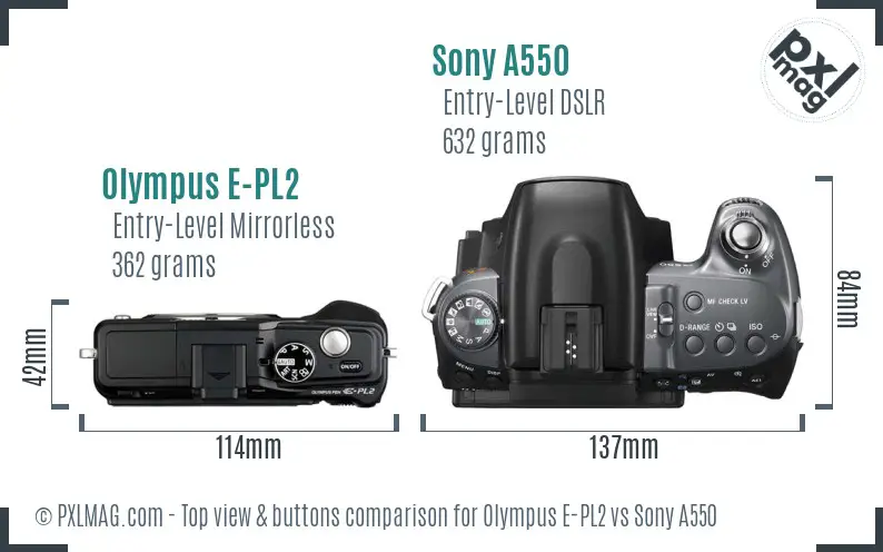 Olympus E-PL2 vs Sony A550 top view buttons comparison