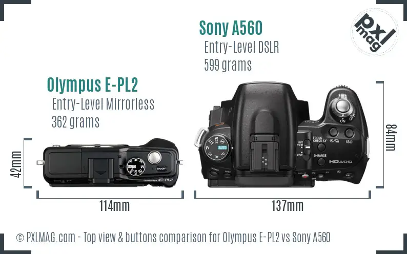 Olympus E-PL2 vs Sony A560 top view buttons comparison