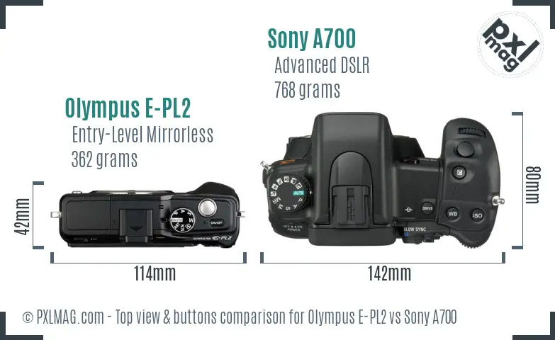 Olympus E-PL2 vs Sony A700 top view buttons comparison Olympus E-PL2 vs Sony A700 top view buttons comparison