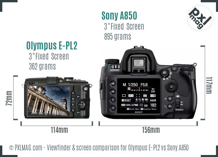 Olympus E-PL2 vs Sony A850 Screen and Viewfinder comparison