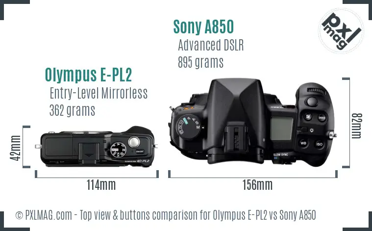 Olympus E-PL2 vs Sony A850 top view buttons comparison