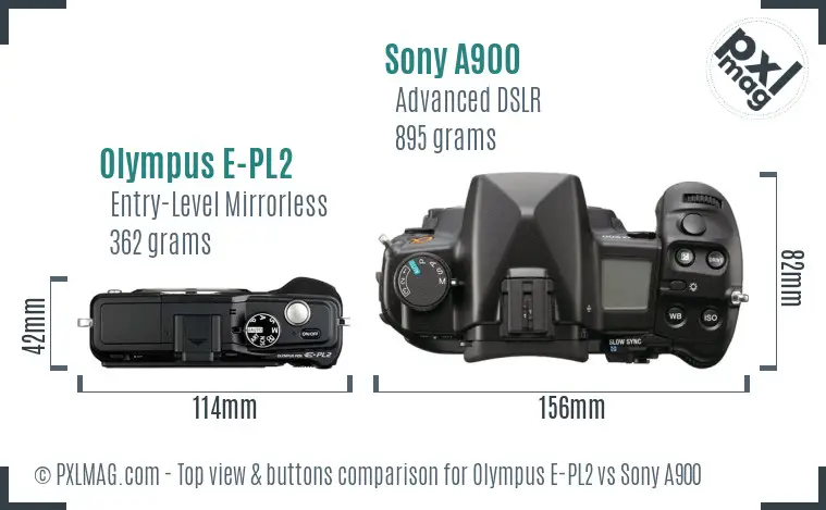 Olympus E-PL2 vs Sony A900 top view buttons comparison
