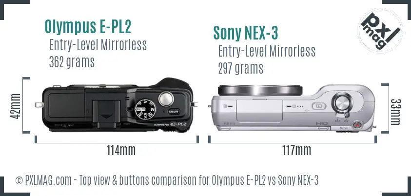 Olympus E-PL2 vs Sony NEX-3 top view buttons comparison