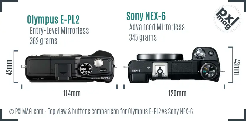 Olympus E-PL2 vs Sony NEX-6 top view buttons comparison