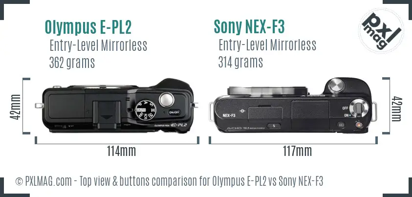 Olympus E-PL2 vs Sony NEX-F3 top view buttons comparison