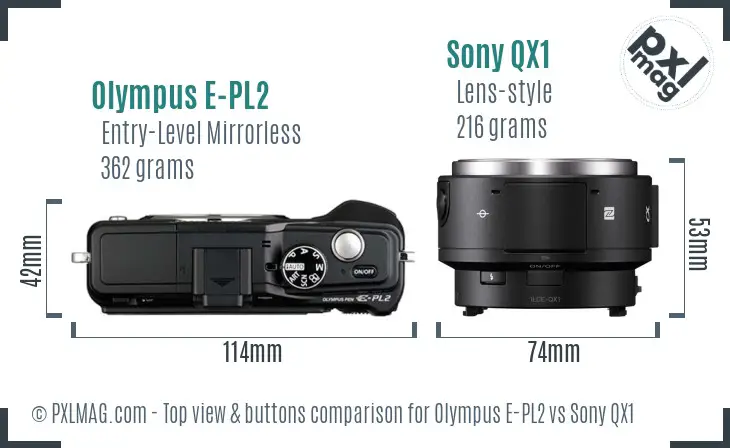 Olympus E-PL2 vs Sony QX1 top view buttons comparison