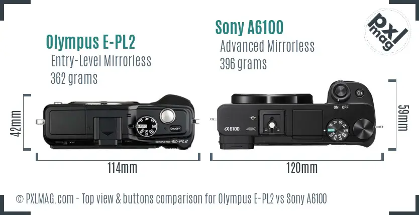 Olympus E-PL2 vs Sony A6100 top view buttons comparison