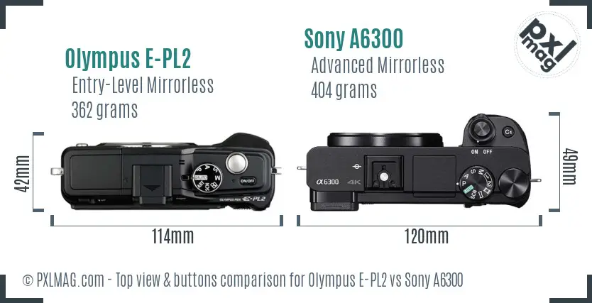 Olympus E-PL2 vs Sony A6300 top view buttons comparison
