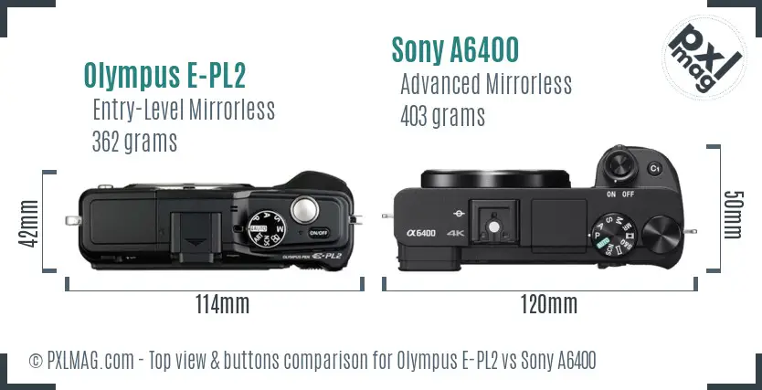 Olympus E-PL2 vs Sony A6400 top view buttons comparison