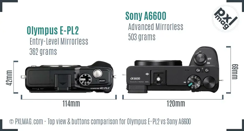 Olympus E-PL2 vs Sony A6600 top view buttons comparison