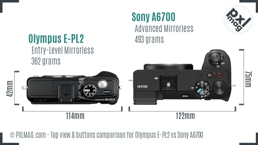 Olympus E-PL2 vs Sony A6700 top view buttons comparison