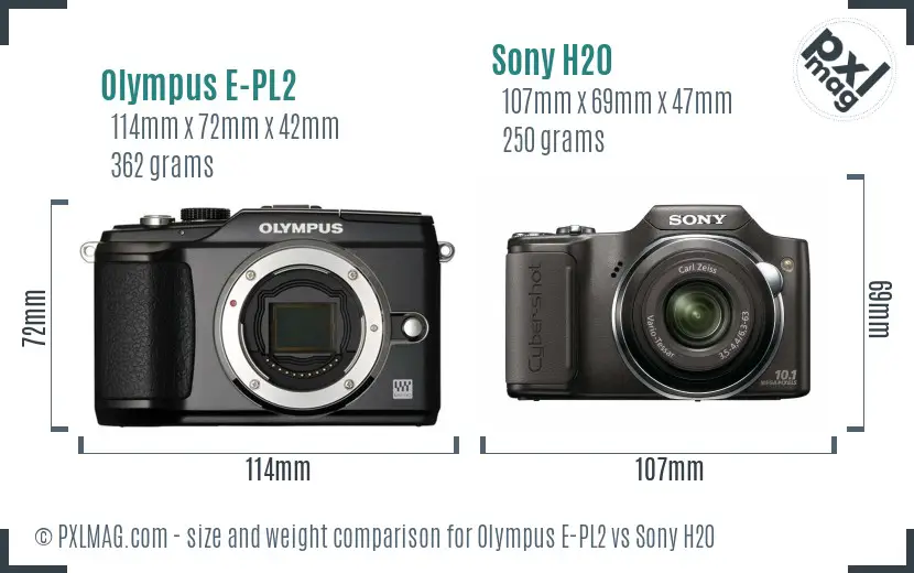 Olympus E-PL2 vs Sony H20 size comparison