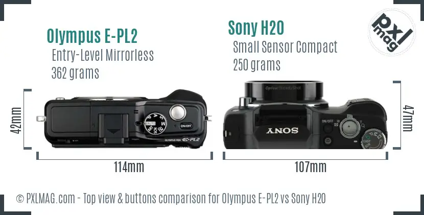 Olympus E-PL2 vs Sony H20 top view buttons comparison