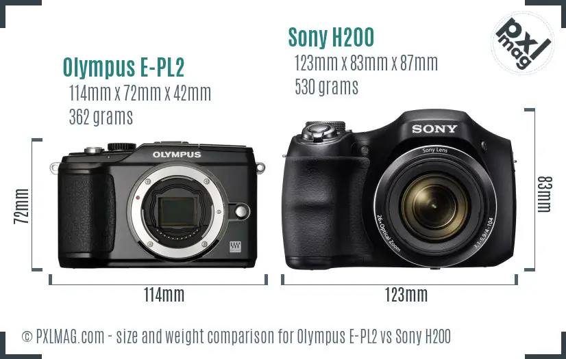 Olympus E-PL2 vs Sony H200 size comparison