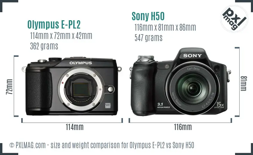Olympus E-PL2 vs Sony H50 size comparison