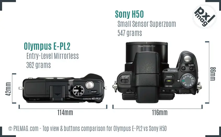 Olympus E-PL2 vs Sony H50 top view buttons comparison