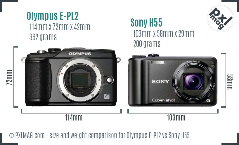 Olympus E-PL2 vs Sony H55 size comparison