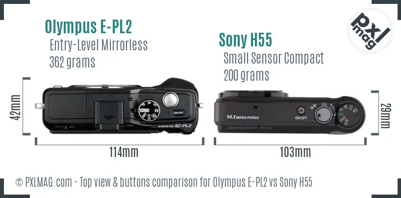 Olympus E-PL2 vs Sony H55 top view buttons comparison