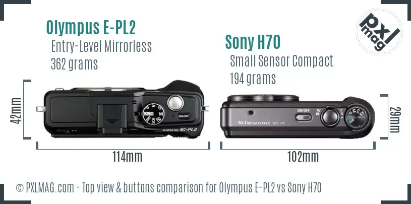 Olympus E-PL2 vs Sony H70 top view buttons comparison