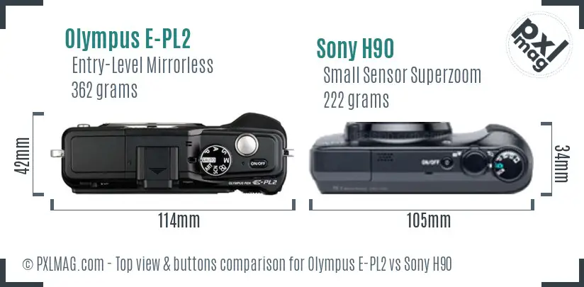 Olympus E-PL2 vs Sony H90 top view buttons comparison