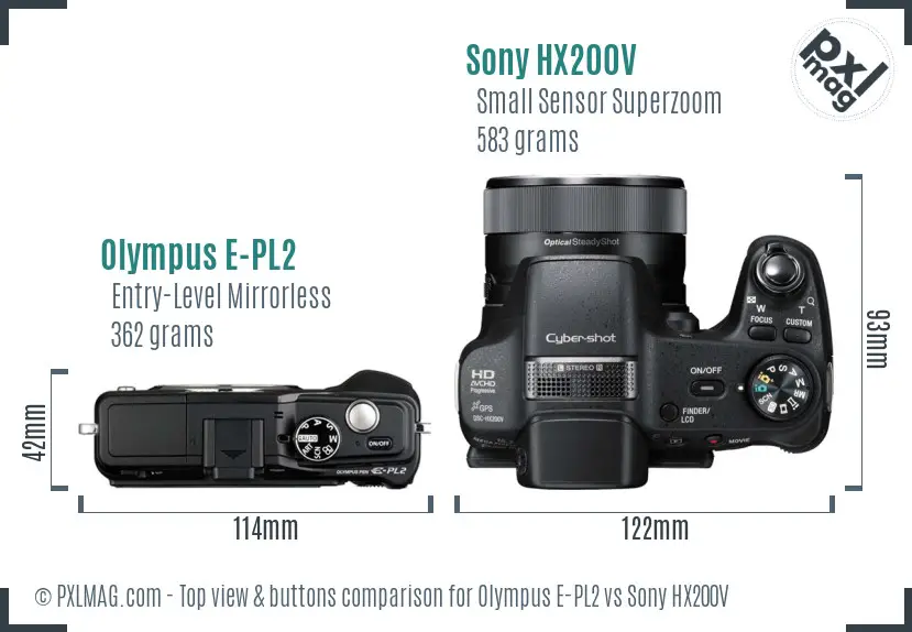 Olympus E-PL2 vs Sony HX200V top view buttons comparison
