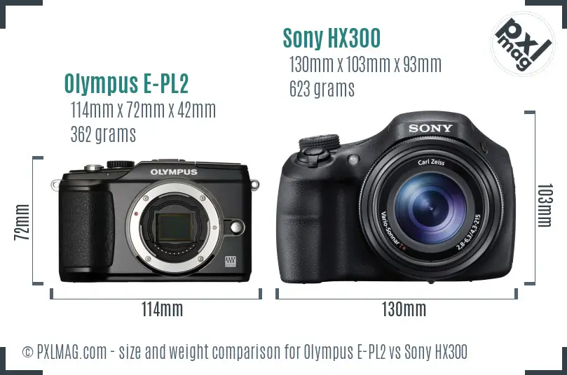 Olympus E-PL2 vs Sony HX300 size comparison