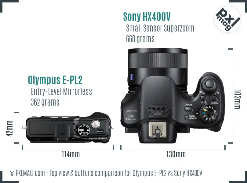 Olympus E-PL2 vs Sony HX400V top view buttons comparison