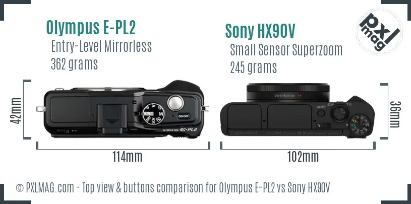 Olympus E-PL2 vs Sony HX90V top view buttons comparison Olympus E-PL2 vs Sony HX90V top view buttons comparison