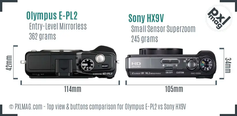 Olympus E-PL2 vs Sony HX9V top view buttons comparison