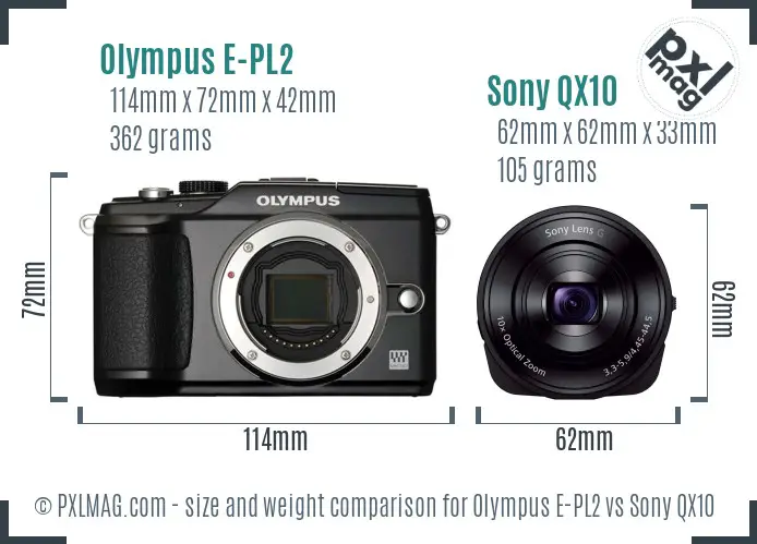 Olympus E-PL2 vs Sony QX10 size comparison