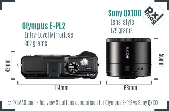 Olympus E-PL2 vs Sony QX100 top view buttons comparison