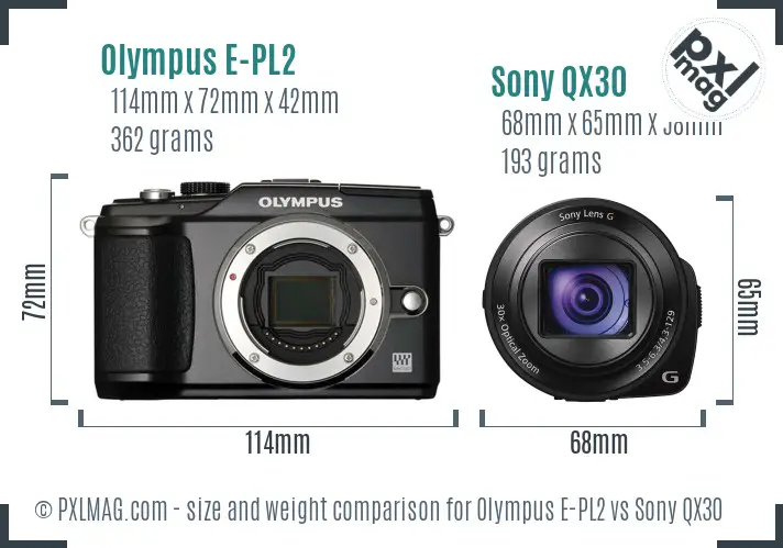 Olympus E-PL2 vs Sony QX30 size comparison