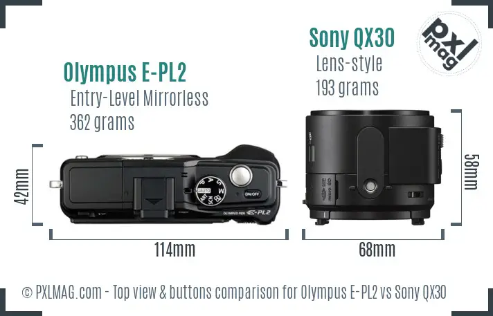 Olympus E-PL2 vs Sony QX30 top view buttons comparison
