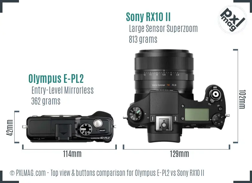 Olympus E-PL2 vs Sony RX10 II top view buttons comparison