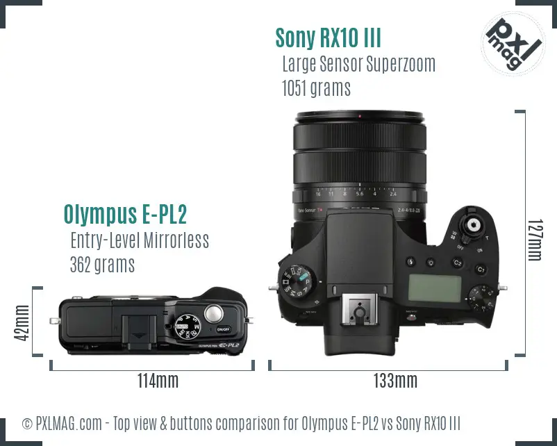 Olympus E-PL2 vs Sony RX10 III top view buttons comparison