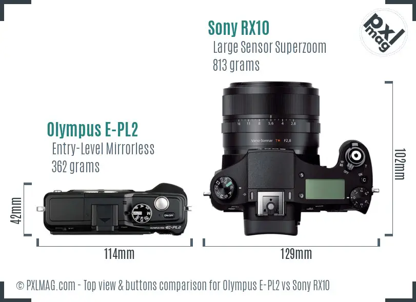 Olympus E-PL2 vs Sony RX10 top view buttons comparison