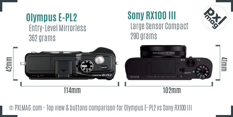 Olympus E-PL2 vs Sony RX100 III top view buttons comparison