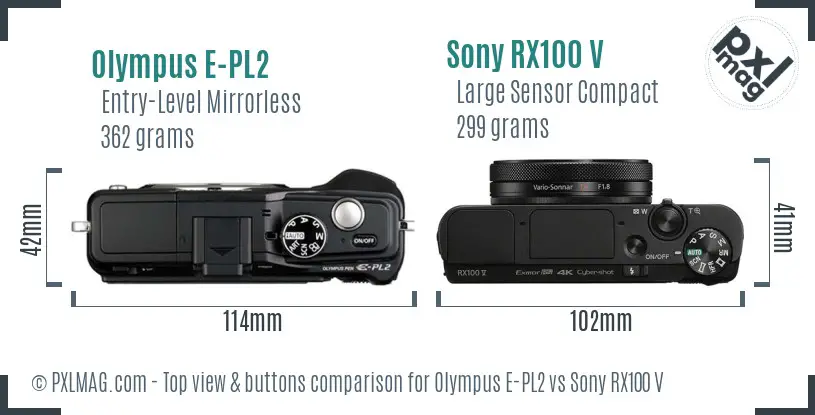 Olympus E-PL2 vs Sony RX100 V top view buttons comparison