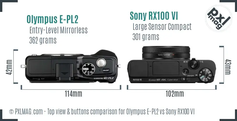 Olympus E-PL2 vs Sony RX100 VI top view buttons comparison