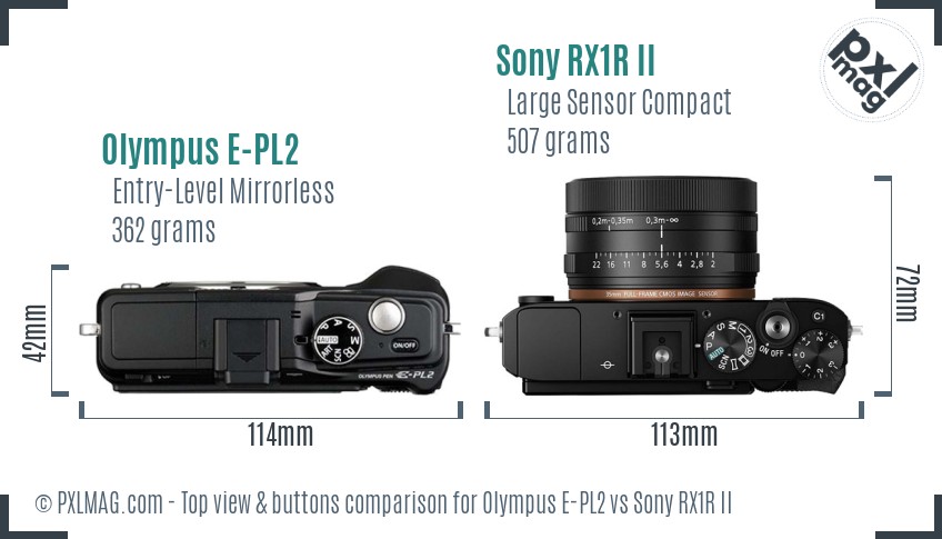 Olympus E-PL2 vs Sony RX1R II top view buttons comparison