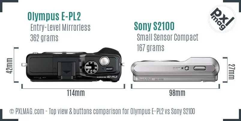 Olympus E-PL2 vs Sony S2100 top view buttons comparison