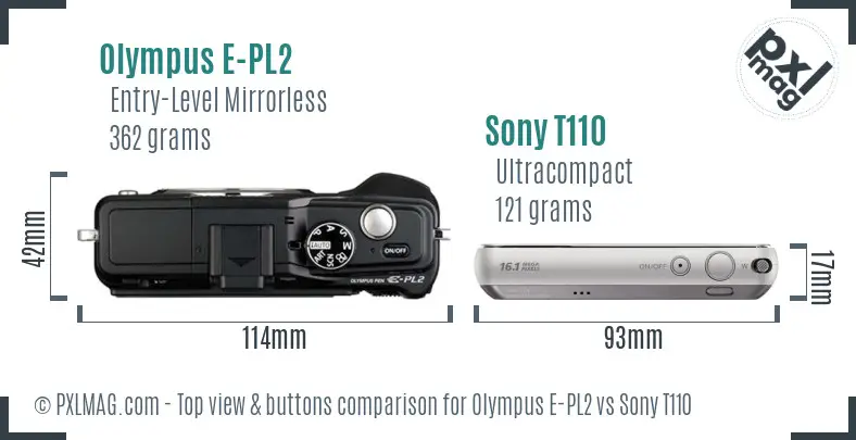 Olympus E-PL2 vs Sony T110 top view buttons comparison Olympus E-PL2 vs Sony T110 top view buttons comparison