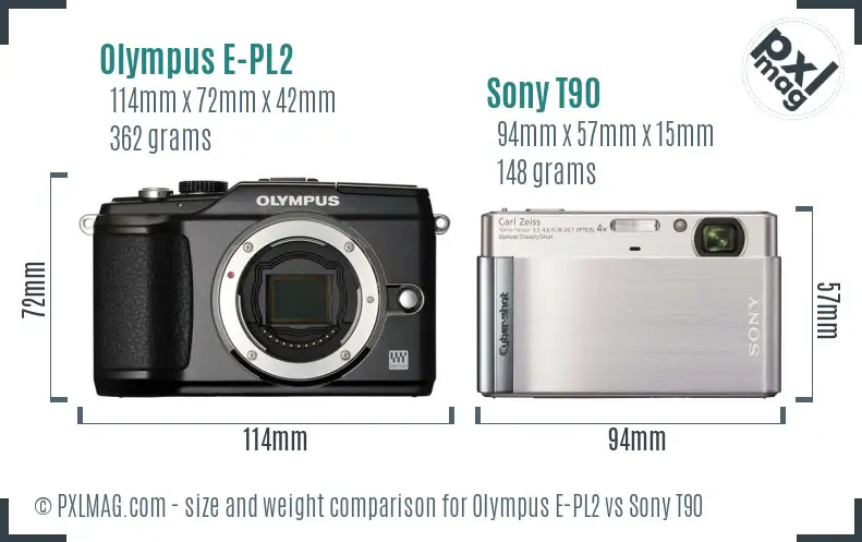 Olympus E-PL2 vs Sony T90 size comparison