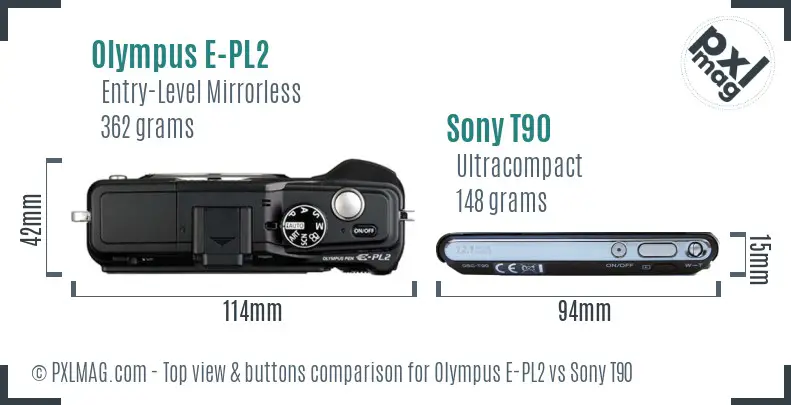 Olympus E-PL2 vs Sony T90 top view buttons comparison