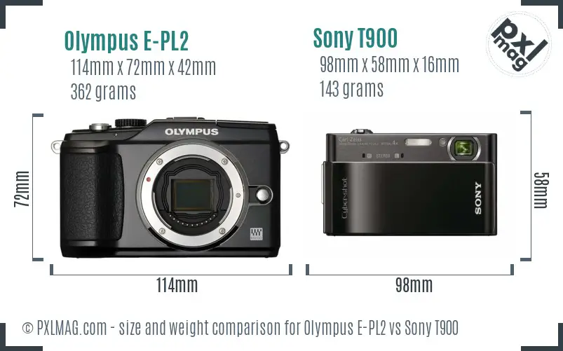 Olympus E-PL2 vs Sony T900 size comparison