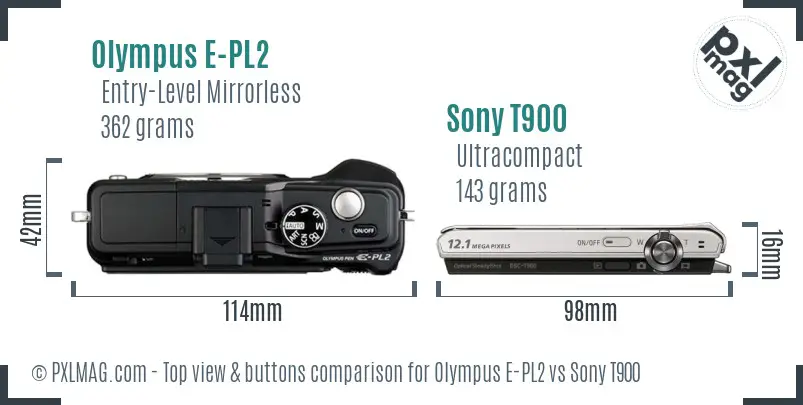 Olympus E-PL2 vs Sony T900 top view buttons comparison