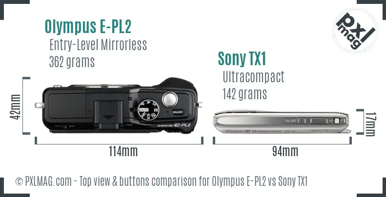 Olympus E-PL2 vs Sony TX1 top view buttons comparison Olympus E-PL2 vs Sony TX1 top view buttons comparison