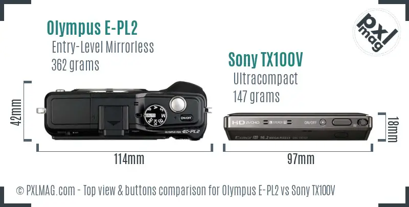 Olympus E-PL2 vs Sony TX100V top view buttons comparison Olympus E-PL2 vs Sony TX100V top view buttons comparison
